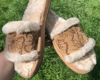 hand burned gently worn Minnetonka fur slides | slippers