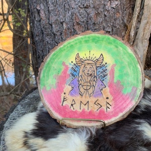 Freya hand burned wood slab with watercolor