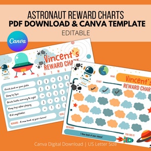 Gráfico de recompensas editable para niños astronautas, descarga instantánea y editable en Canva - Tamaño carta