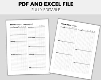 Editable Pantry Inventory & Grocery List Printable | PDF and Excel Editable File | Shopping List | Instant Download