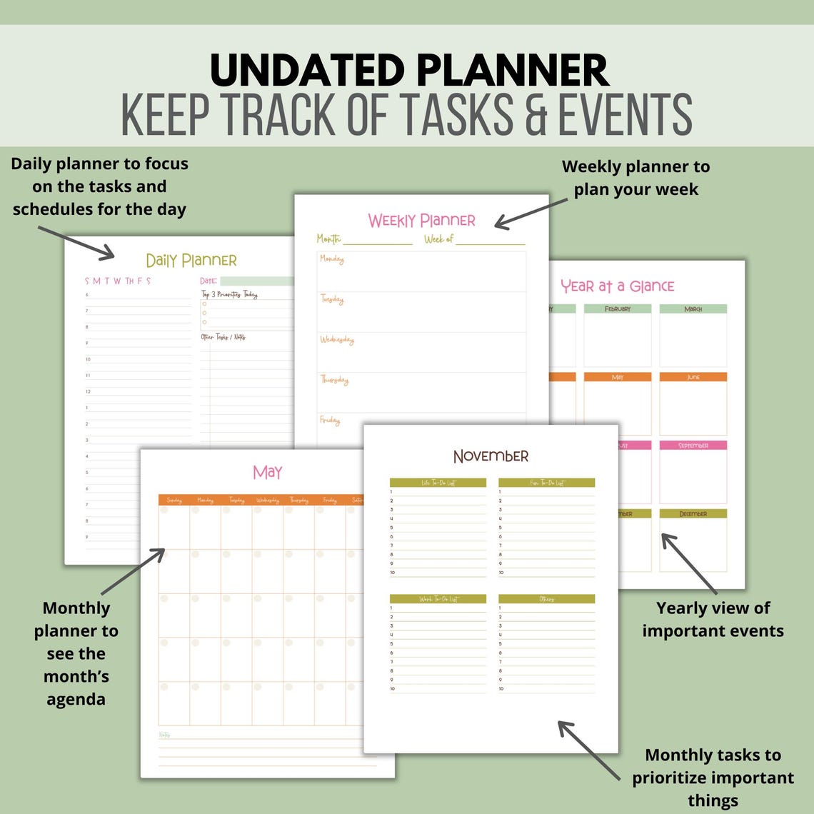 Undated Planner Printable: Yearly, Monthly, Weekly, Daily (PDF) - Etsy