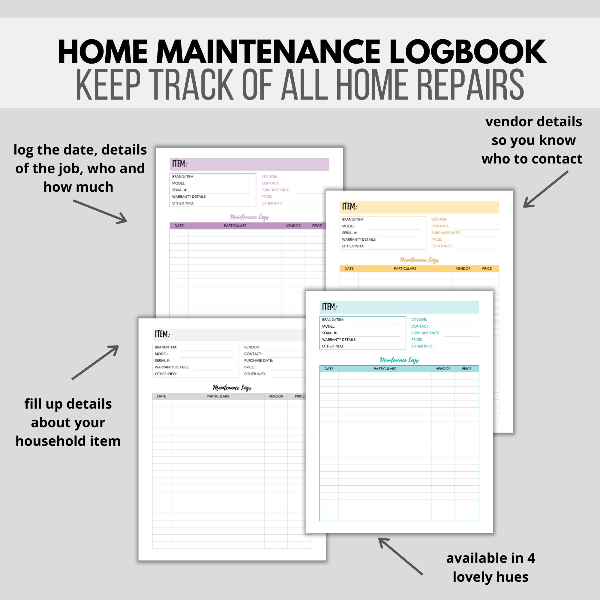 Printable Home Maintenance Logbook Repairs Tracker Home Organizer 