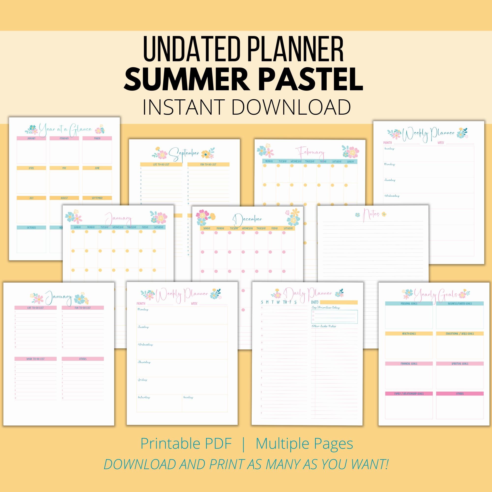 Undated Planner Printable: Yearly, Monthly, Weekly Organizer (digital ...