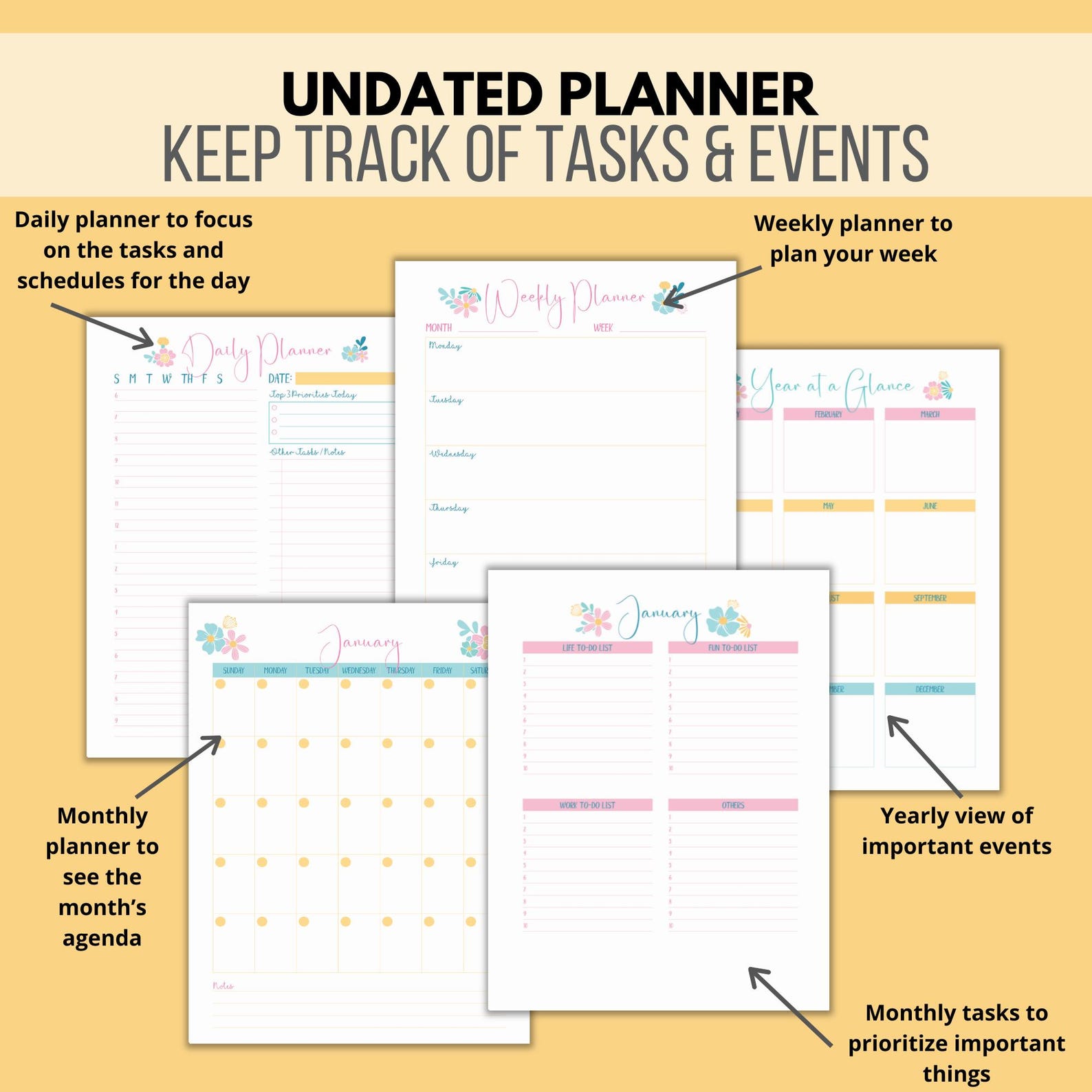 Undated Planner Printable: Yearly, Monthly, Weekly Organizer (digital ...
