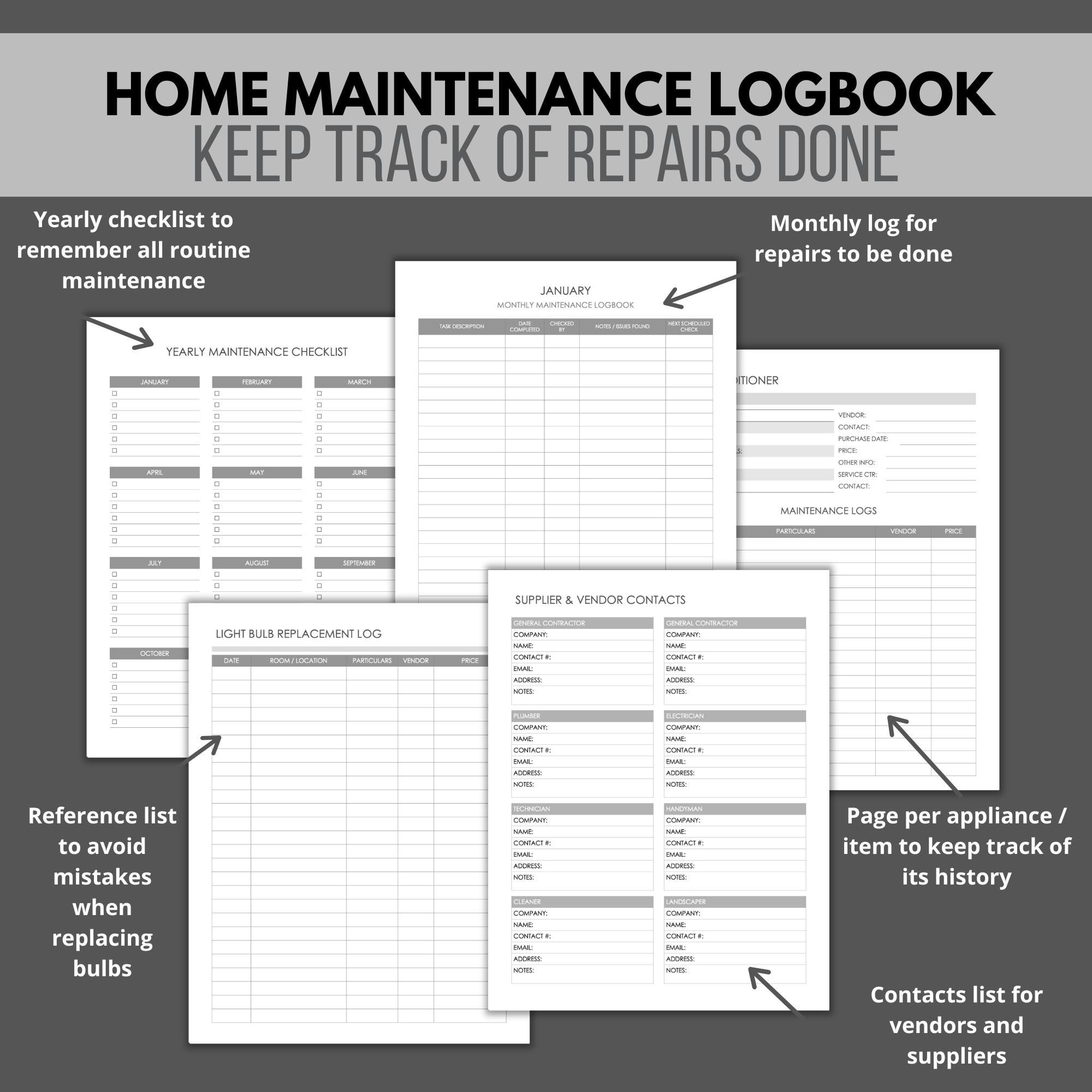 Home Maintenance Logbook Printable: Minimalist Housekeeping & Repair ...
