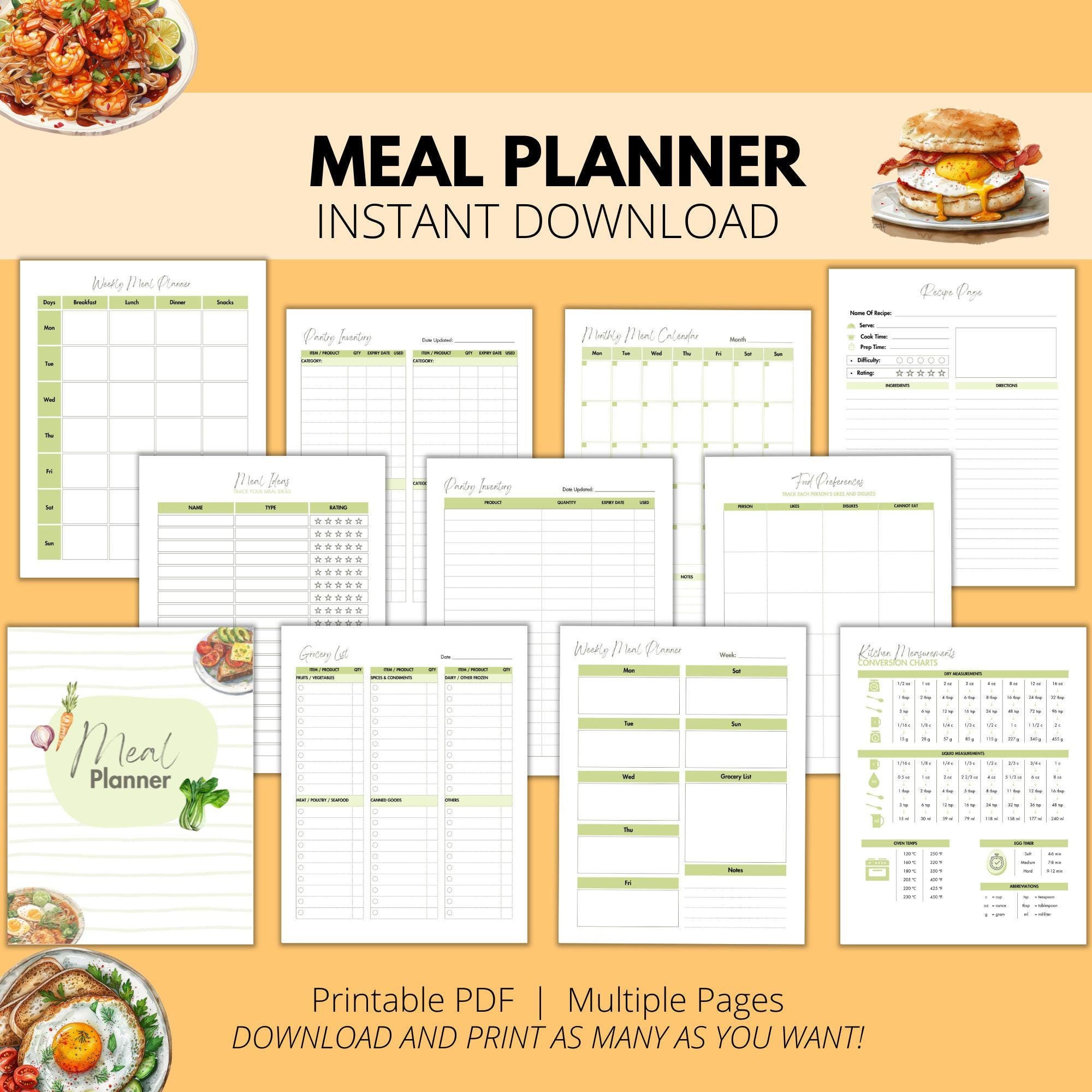 Menu Recipe Chart Printable Meal Menu Planner, Kitchen Inventory, Conversion Chart ...