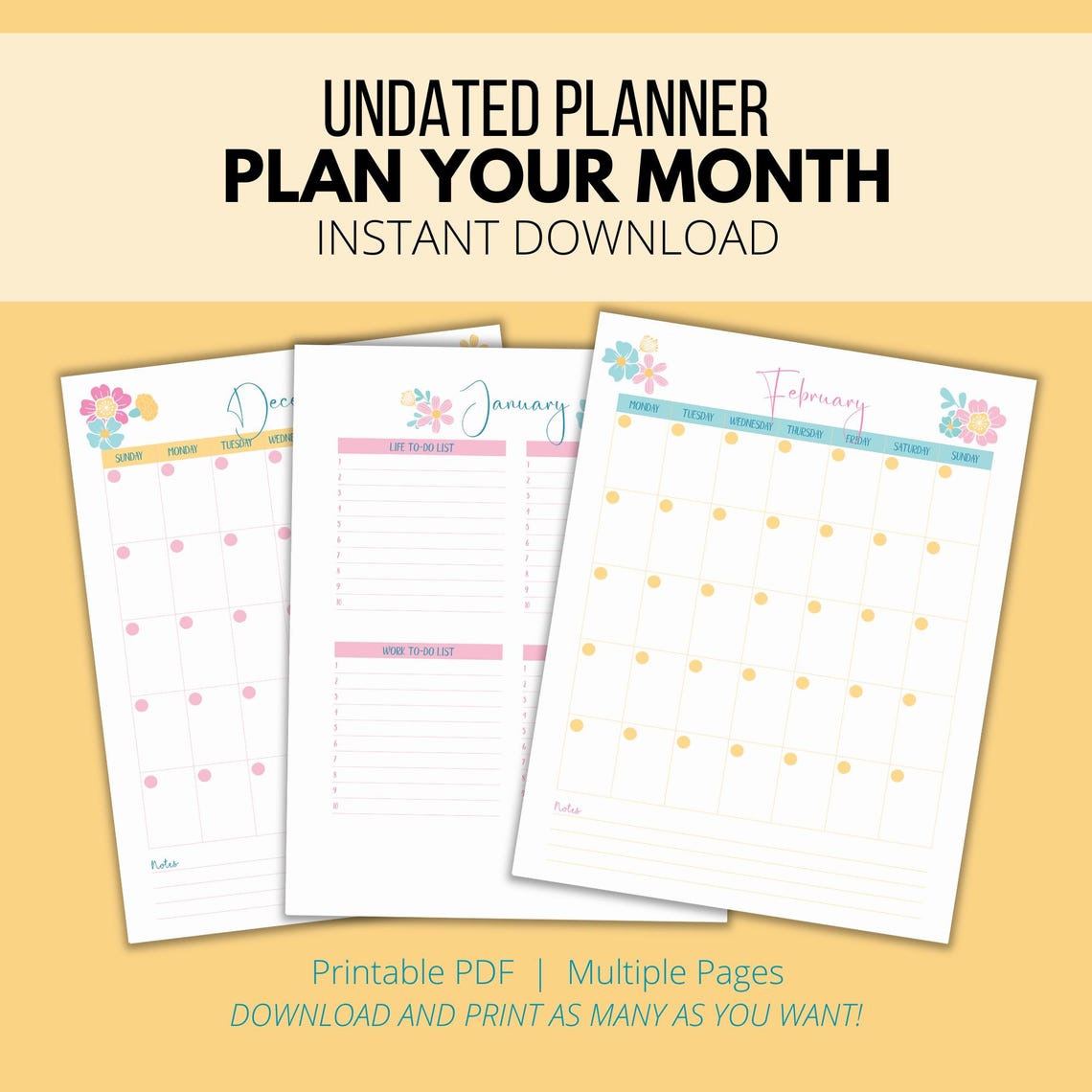 Undated Planner Printable: Yearly, Monthly, Weekly Organizer (digital ...