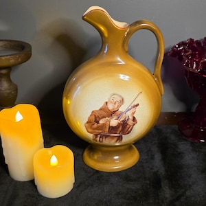 Antique Burnham's Clam Bouillon Pitcher Monk Playing Violin Morris & Willmore c. 1890s