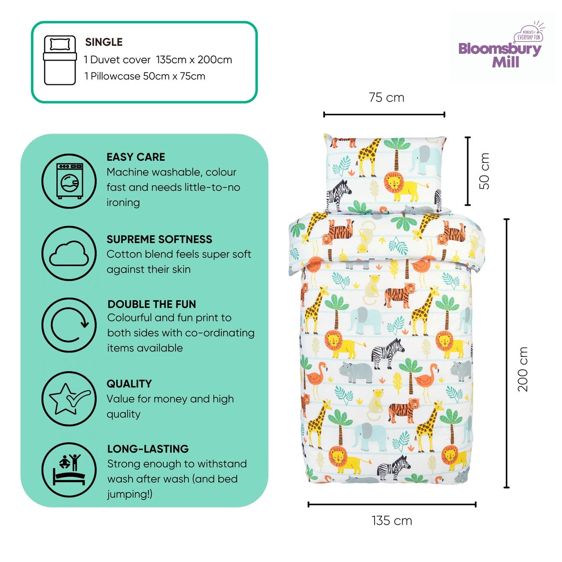 Bloomsbury Mill Kids Bed Duvet Cover and Pillows Set Safari Jungle