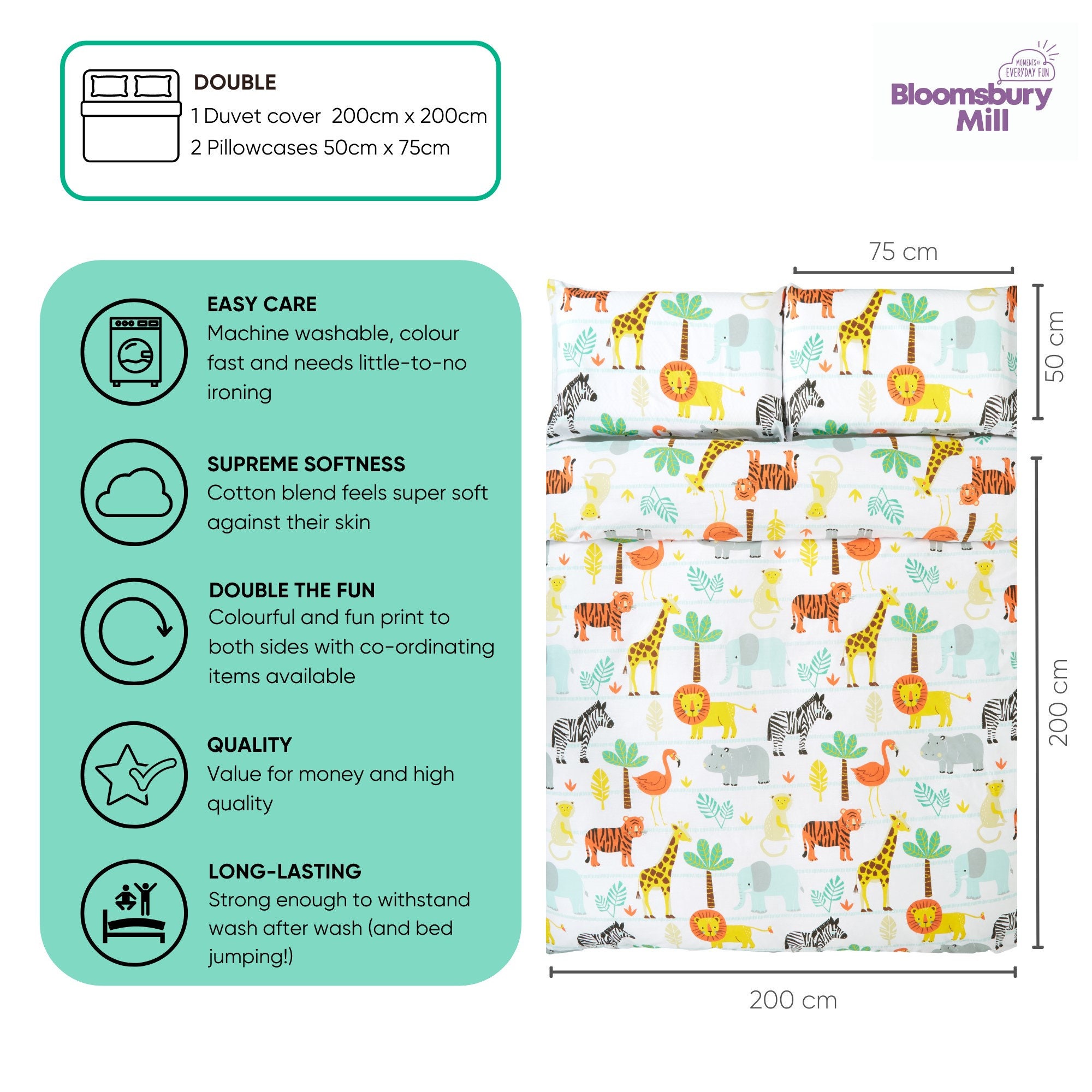 Bloomsbury Mill Kids Bed Duvet Cover and Pillows Set Safari Jungle