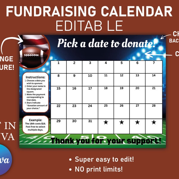 EDITABLE Fundraising Calendar, Football pick a date to donate, Football fundraiser 2024, CANVA, US Letter | 8.5 x 11
