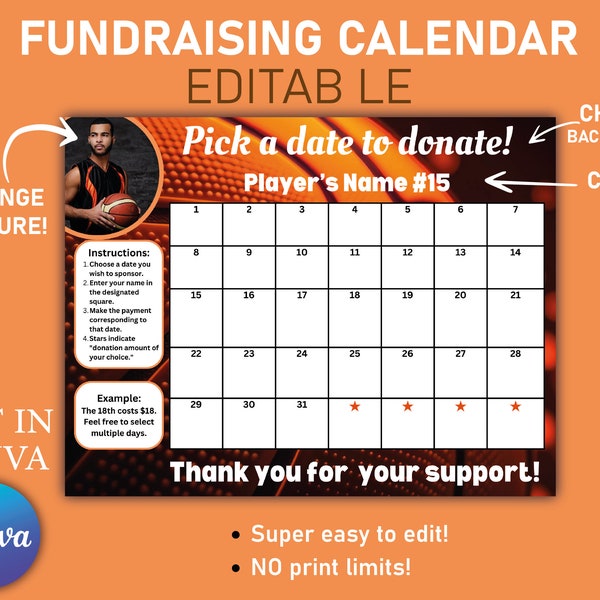 EDITABLE Fundraising Calendar, BASKETBALL pick a date to donate, Bascketball fundraiser 2024, canva, US Letter | 8.5 x 11