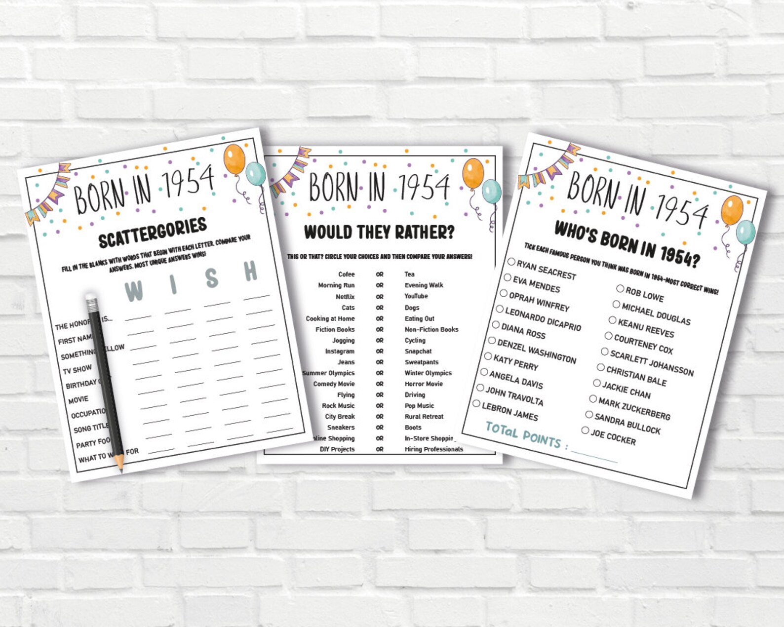 70th Birthday Party Games Bundle Born in 1954 Games 70th Birthday Games ...