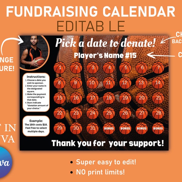 EDITABLE Fundraising Calendar, BASKETBALL April pick a date to donate, Basketball fundraiser April 2024, canva, US Letter | 8.5 x 11