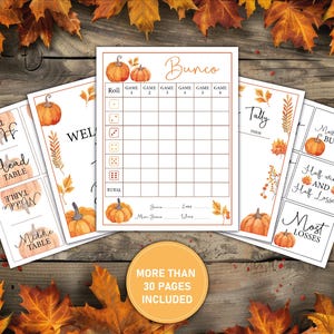 Paquete imprimible de BUNCO de otoño / Tarjetas de puntuación - Hojas de conteo - Tarjetas de mesa - Categorías de premios - Celebración de la cosecha de calabazas de otoño - Tamaño 8.5x11