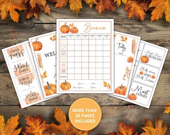 Fall BUNCO Printable Bundle | Score Cards - Tally Sheets - Table Cards - Prize Categories - Autumn Pumpkin Harvest Celebration - 8.5X11 SIZE