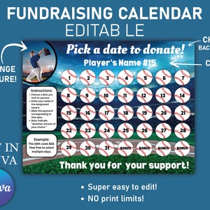 Calendrier modifiable de collecte de fonds pour le baseball, calendrier de collecte de fonds, choisissez une date pour faire un don, Clear The Board, CANVA, lettre US | 8,5 x 11