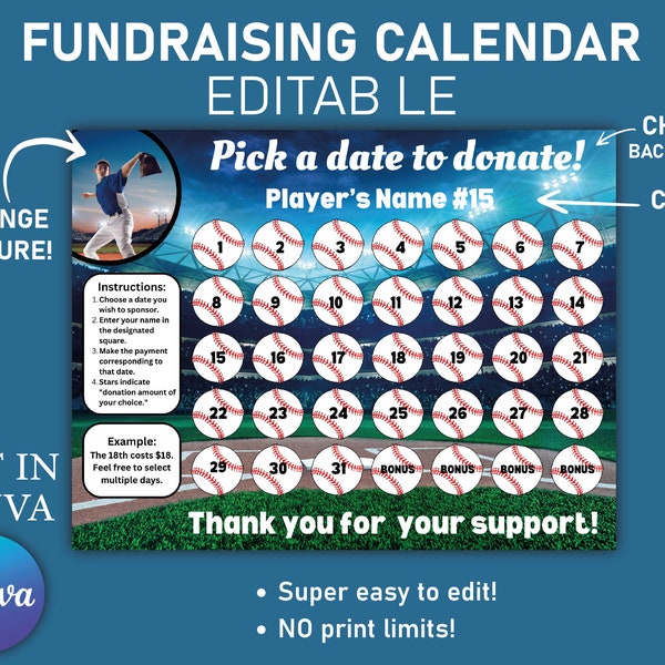 Editable Baseball Fundraiser Calendar, calendar fundraiser, pick a date to donate, Clear The Board,  CANVA, US Letter | 8.5 x 11