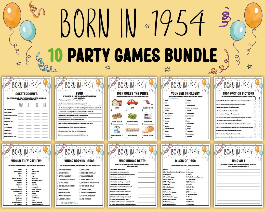 70th Birthday Party Games Bundle Born in 1954 Games 70th Birthday Games ...