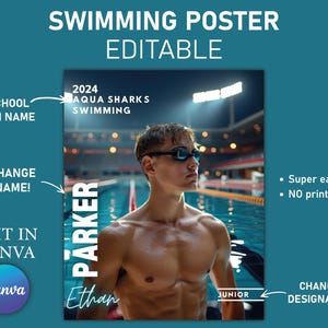 Swimming Poster Canva Template, Senior Sports Poster, Memory Mate, Swimming Banner, Team Sports Posters in Canva, Homecoming Background.