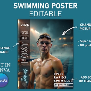 Swimming Poster Canva Template, Senior Sports Poster, Memory Mate, Swimming Banner, Team Sports Posters in Canva, Homecoming Background.