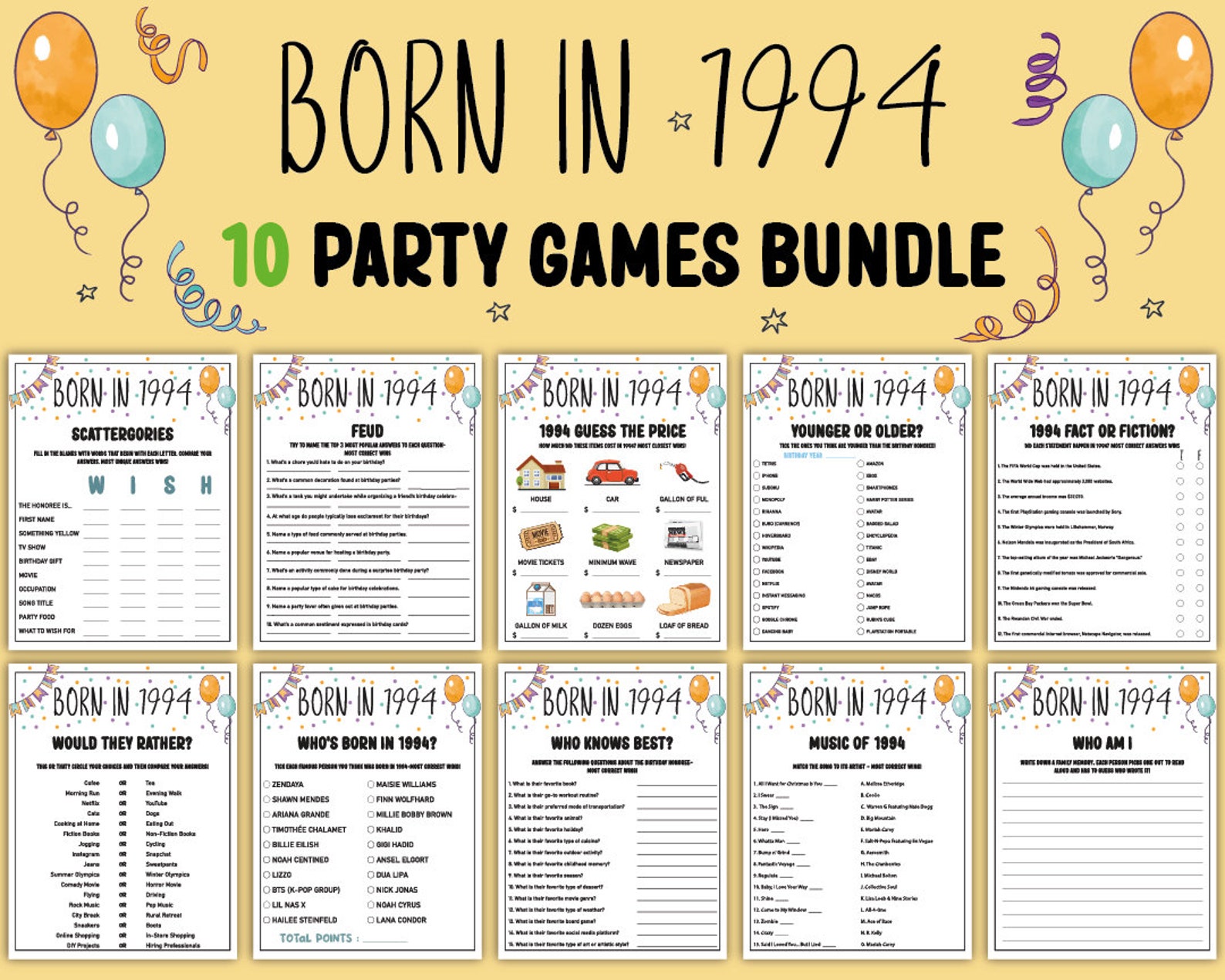 30th Birthday Party Games Bundle Born in 1994 Games 30th Birthday Games ...