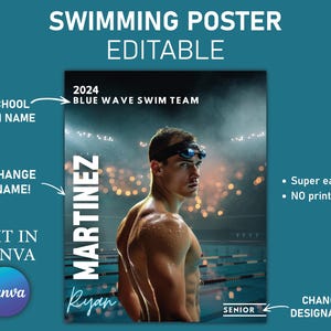 Swimming Poster Canva Template, Senior Sports Poster, Memory Mate, Swimming Banner, Team Sports Posters in Canva, Homecoming Background.