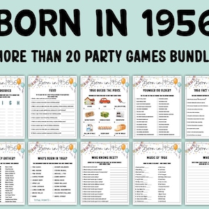 May include: A bundle of party games with the text "BORN IN 1956" and "MORE THAN 20 PARTY GAMES BUNDLE". The games include "Scattergories", "Feud", "Guess the Price", "Younger or Older?", and "Fact or Fiction?"
