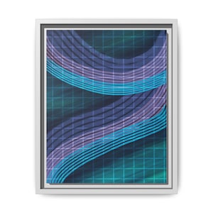 May include: Abstract art print in a white frame. The artwork features curved lines in shades of blue and purple over a teal grid background. The overall design is modern and geometric, suitable for home decor.