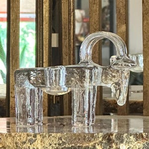 Vintage 1970s Kosta Boda Crystal Ram Art Glass Candle Holder