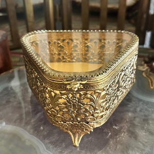 Vintage Beveled Glass Ormolu Gold Tone Filigree Jewelry Casket Box