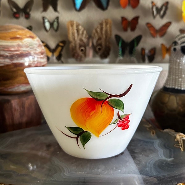 Vintage Fire King Handpainted Fruit Milk Glass Bowl