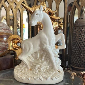 Vintage Midcentury Ceramic White and Gold Unicorn Figurine