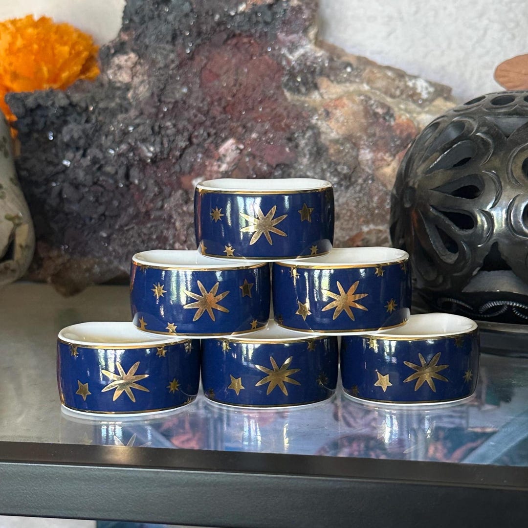 Vintage Set of 6 Porcelain Celestial Galaxy Napkin Rings by Sakura