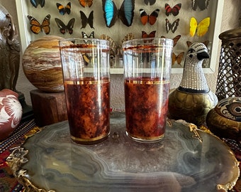 Pair of Vintage MCM Barware Tortoise and Gold Drinking Glasses