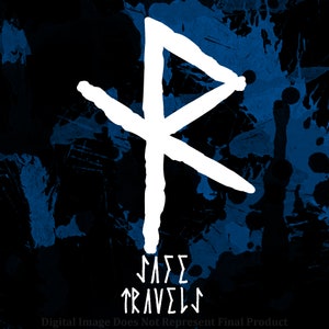 May include: White rune symbol on a blue and black background with the text "JASS TRAVEL" below.