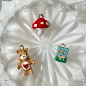 2pcs 3D Enamel Charm | Mushroom Charm | Bear Charm | Milk box Charm | Food Animal Charm| UK Jewellery Supplies