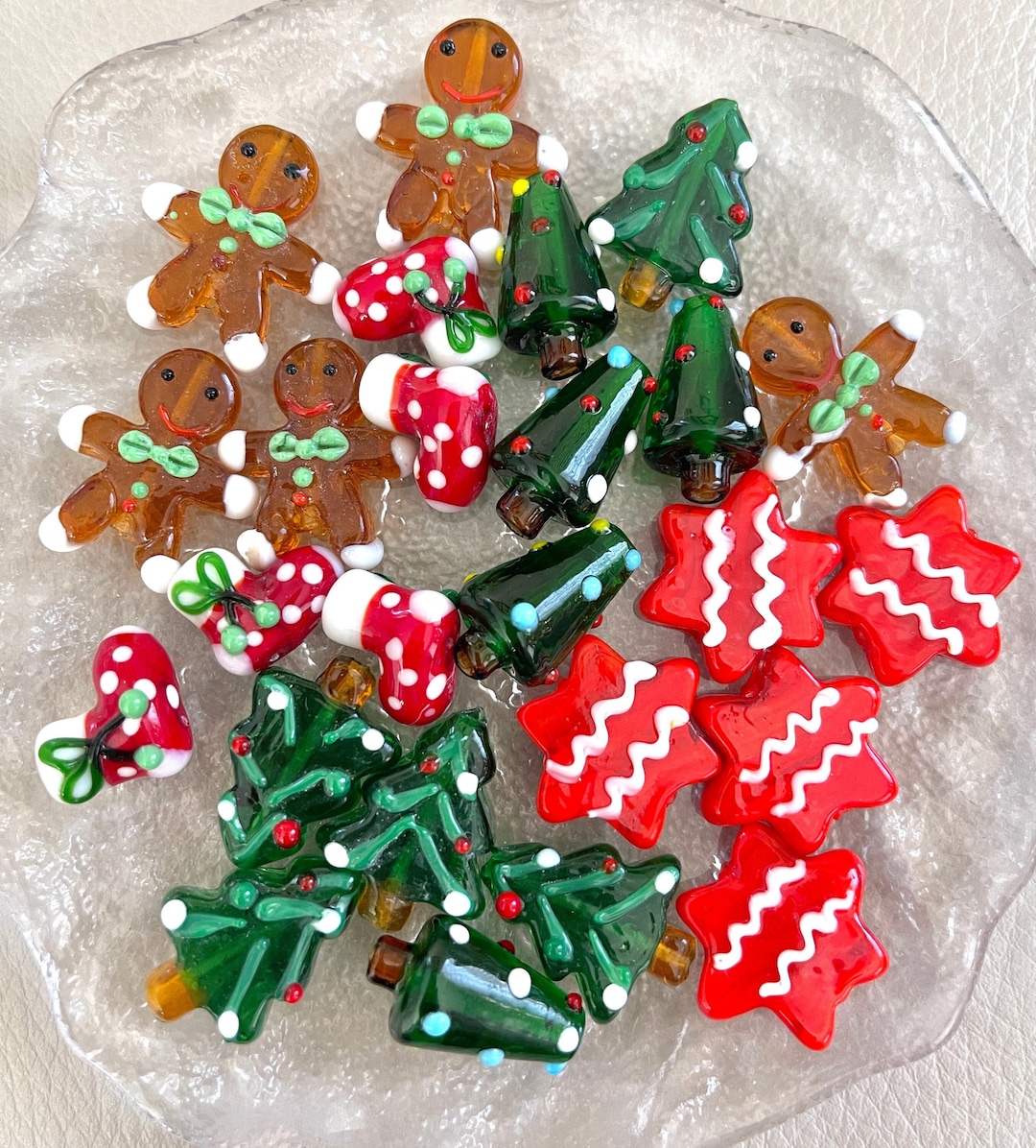 Christmas Themed Glass Beads Christmas Tree Beads Gingerman Bead Etsy