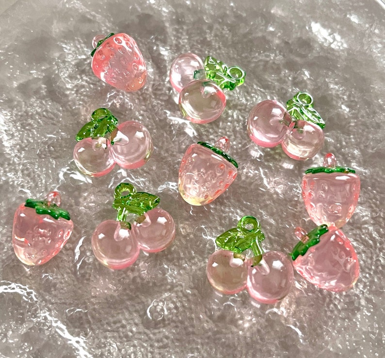 Acrylic Pink Fruit Charms Acrylic Pink Cherry Charms Acrylic Pink Strawberry Charms image 1