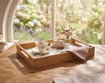 Può includere: Un vassoio rettangolare in bambù con manici intagliati e una base con motivo floreale. Sul vassoio sono presenti una tazza da tè con piattino in porcellana a motivi floreali, una piccola burriera, un vaso di vetro con fiori e un tovagliolo.