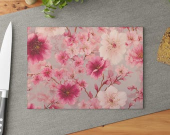 Tabla de cortar de cristal con diseño de flores de cerezo rosas / Decoración floral para la cocina