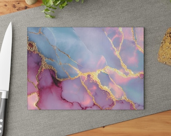 Tabla de cortar de cristal con vetas doradas y mármol en tonos pastel / Mármol rosa y azul