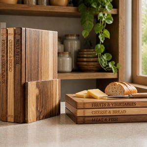 May include: A set of three rectangular wooden cutting boards stored in a matching upright wooden stand. Each board is labeled with the text FRUITS & VEGETABLES, CHEESE & BREAD, or MEAT & FISH. One board lies flat with bread and cheese on top.