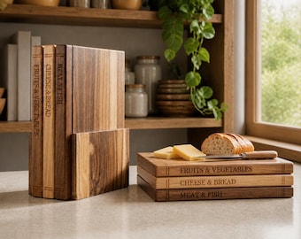 Può includere: Un set di tre taglieri rettangolari in legno riposti in un supporto verticale abbinato. Ogni tagliere riporta la scritta FRUITS & VEGETABLES, CHEESE & BREAD o MEAT & FISH. Un tagliere è appoggiato in piano con sopra pane e formaggio.