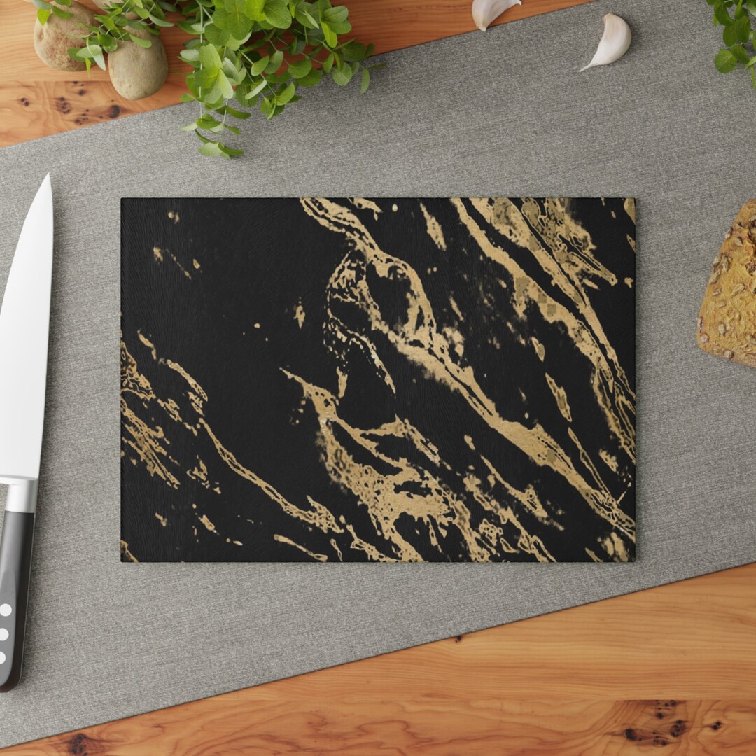 Tempered Glass Cutting Board, Black and Gold Marbled, Cutting Board
