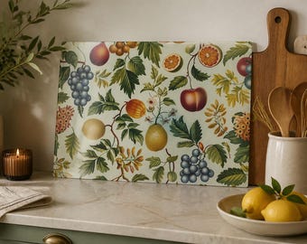 Tagliere in vetro con motivo frutta vintage / Pera, mela, uva, agrumi