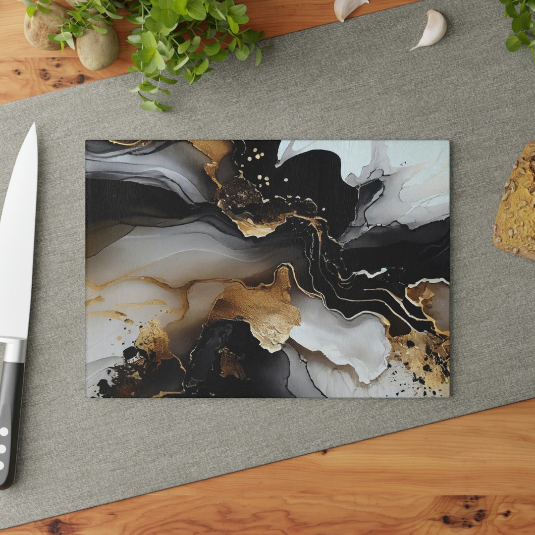 Black and Gold Tempered Glass Cutting Board, Glass Cutting Board, Black