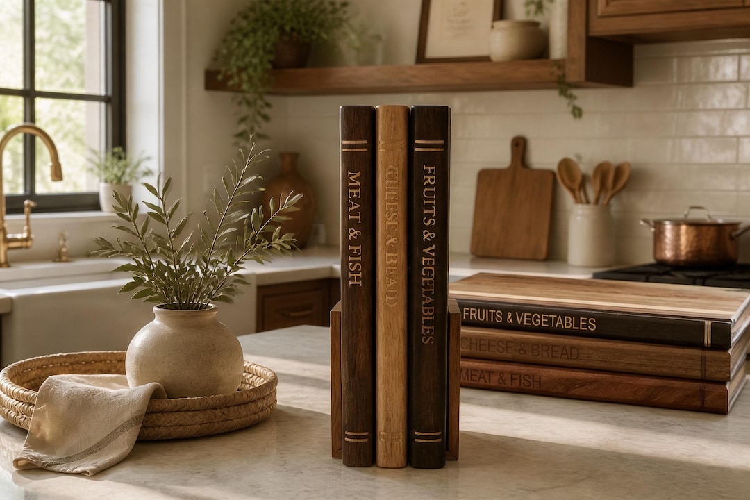 Engraved Wooden Book Cutting Board Set with Stand | Kitchen Organizer | Charcuterie Board