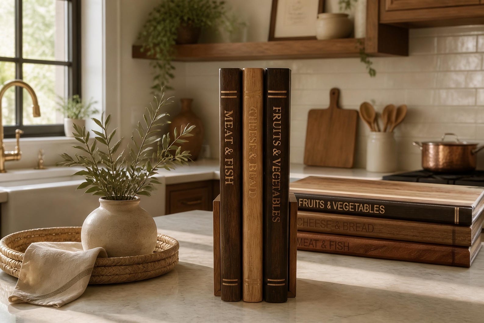 Engraved Wooden Book Cutting Board Set with Stand | Kitchen Organizer | Charcuterie Board