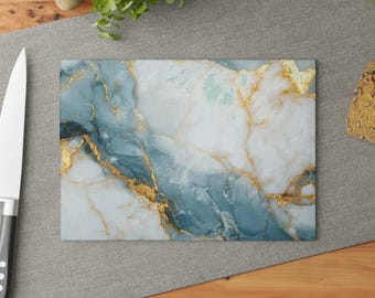 Tabla de cortar de vidrio templado con efecto mármol azul y dorado / Decoración de cocina